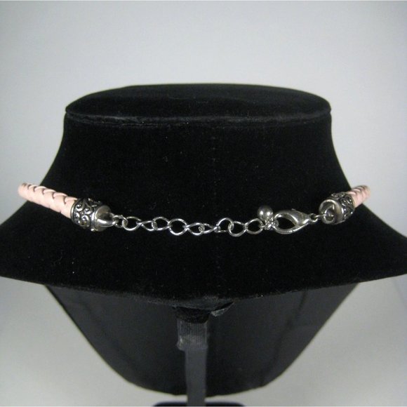 Imitation Pearl Beaded Necklace 17" Pink Braided Cord Silvertone Strand Jewelry - Picture 6 of 6